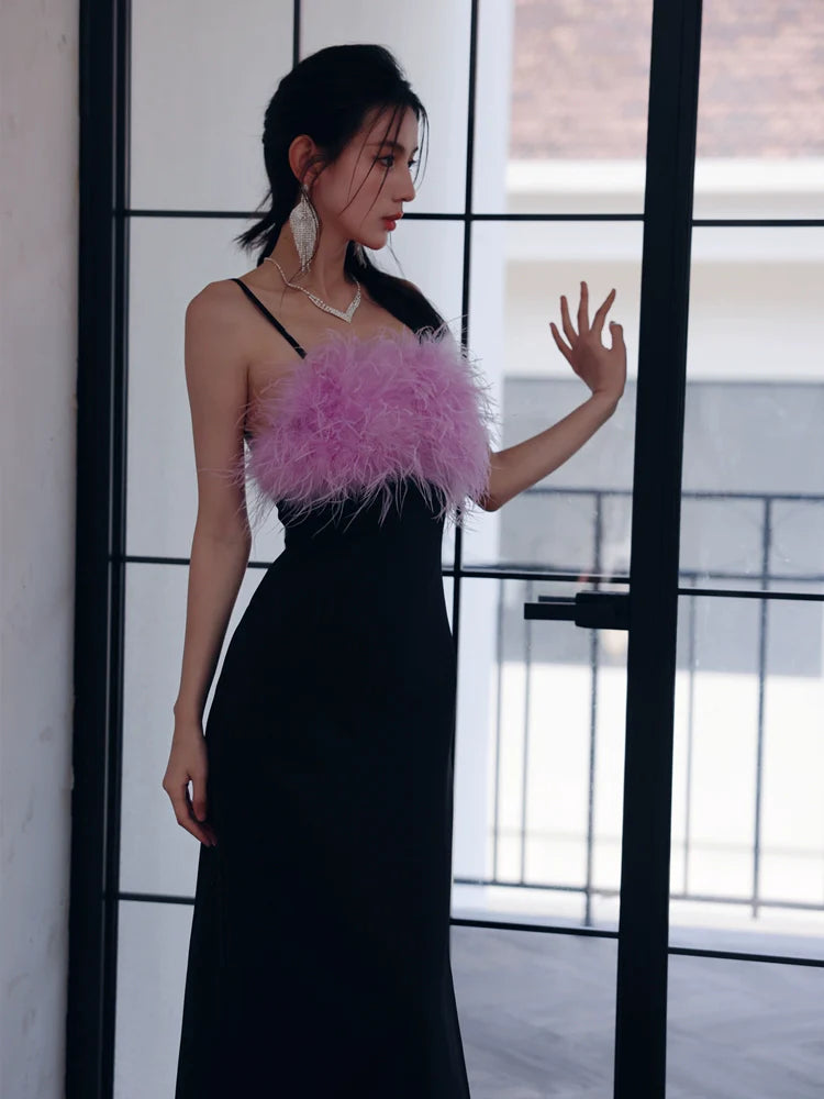 DOLLY Elegant Black Fluffy Feather backless Long Date Dress-JAS