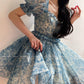 Aconiconi Elegant Blue French Print Short Princess Dress-  Blue Ocean Whisper