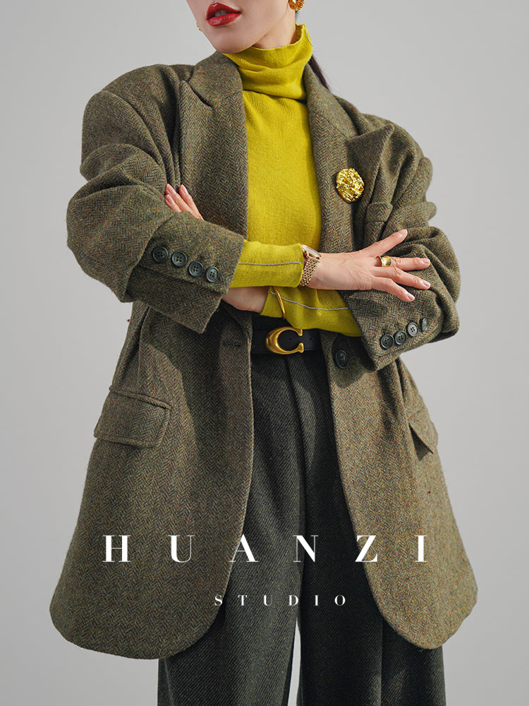 Huanzi high-end retro autumn and winter 100% wool waist suit jacket - Cassie