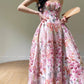 Aconiconi Elegant French Sleeveless Vintage Halter floral print Dress- Flowering Hibiscus