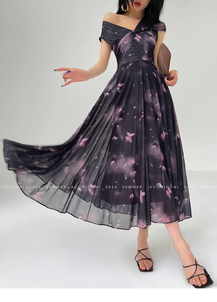 Aconiconi Elegant ButterFly Print Short Sleeve Long Swing Dress- Butterfly Phantom