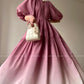 Aconiconi Elegant Grape Gradient V-Neck Puff Sleeve Loose Long Dress- Grape Cotton Cloud