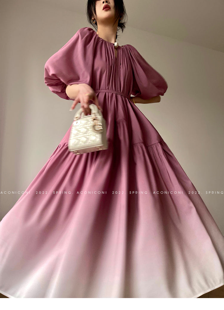 Aconiconi Elegant Grape Gradient V-Neck Puff Sleeve Loose Long Dress- Grape Cotton Cloud