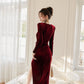 DOLLY Elegant Burgundy V-Neck Long Sleeve Velvet Long Slit Formal Dinner Dress-HAZEL