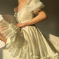 Aconiconi Luxury Off White floral print Puff Sleeve French cottaage bridal Dress- Yurui Chuning