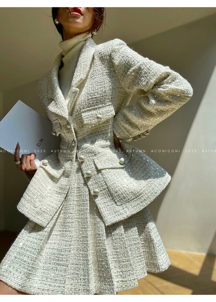 Aconiconi| autumn winter sequins French tweed jacket short skirt - Moonset Star Sea