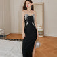 DOLLY Luxury Black Sleeveless Off Shoulder Diamond Tube Top Long Slit Dress-CLAUDIA