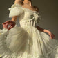 Aconiconi Luxury Off White floral print Puff Sleeve French cottaage bridal Dress- Yurui Chuning