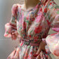 Aconiconi Luxury French Floral Print Lantern Sleeve Wedding Guest Dress- Garden of the Nile