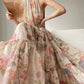 Aconiconi High End Floral Print Sleeve Less Halter Neck Long Resort Dress- Spring Dream