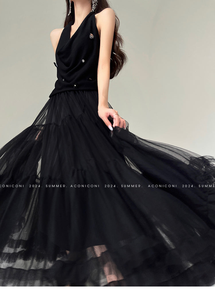 Aconiconi Elegant High Waist Ruffle Mesh Princess Long midi layered Skirt- Quiet Shadow Quicksand