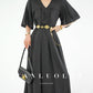 Huanzi high-end satin black V-neck slim pleated dress - Nigoi