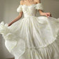 Aconiconi Luxury Off White floral print Puff Sleeve French cottaage bridal Dress- Yurui Chuning