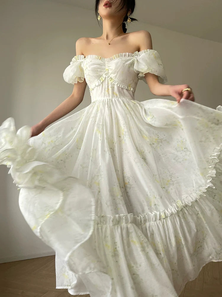 Aconiconi Luxury Off White floral print Puff Sleeve French cottaage bridal Dress- Yurui Chuning