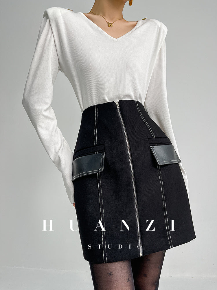 Huanzi  Autumn winter foreign style zipper high-waist skirt - Riwre