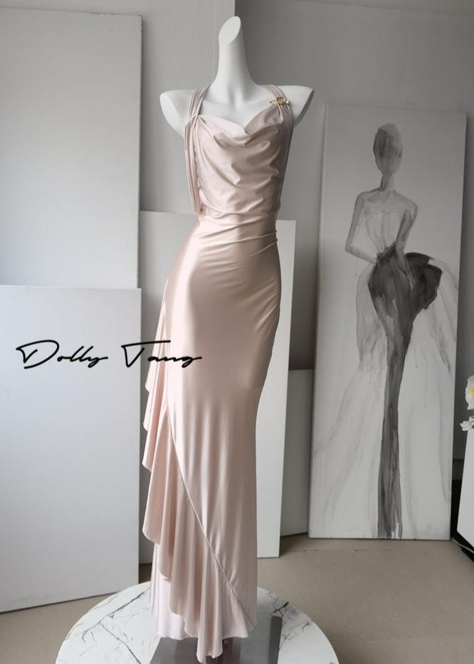 DOLLY Luxury Rose Stain Sleeveless Backless Pleated Long Banquet Dress-Fago