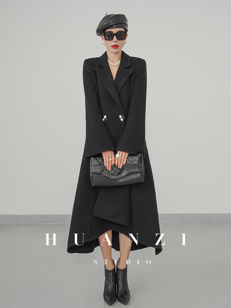 Huanzi double-sided cashmere women's black wool autumn winter coat - Muinw