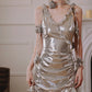 DOLLY Elegant Retro Sliver Gold Deep V-Neck Sleeveless Flower Long Cocktail Dress- Nisa