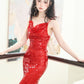 DOLLY Elegant Red French Sleeveless Sequin Backless Long Cocktail Dress-Quin