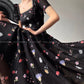 Aconiconi Elegant Black Floal Print Dinner Dress- Huajian Secret Realm