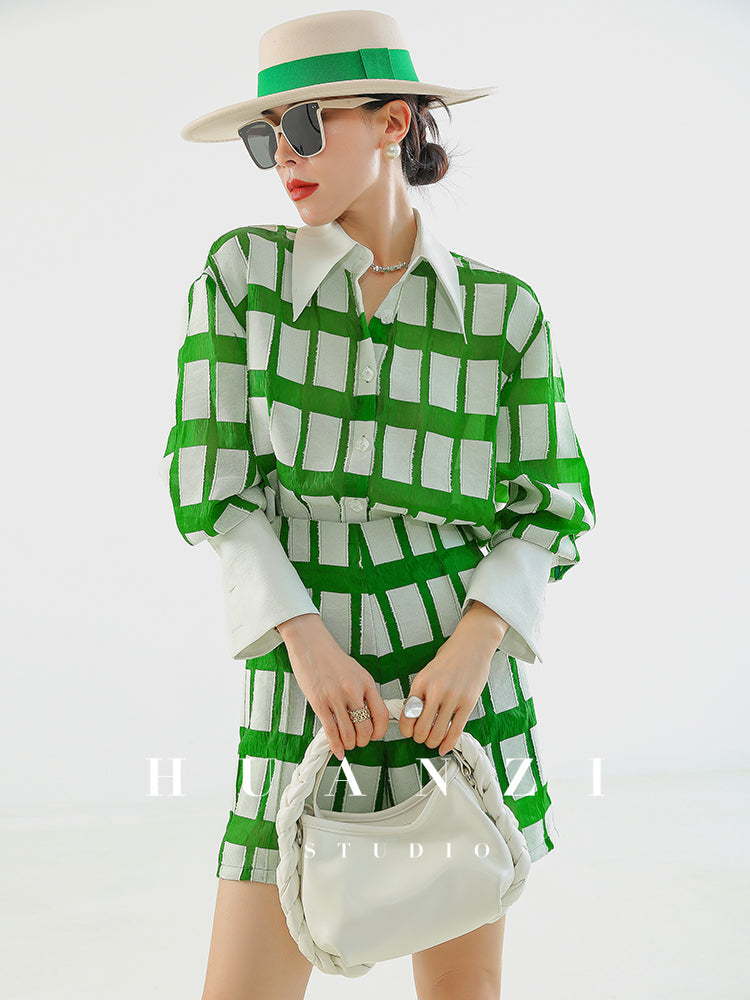 Huanzi jacquard plaid brushed green high waist short shirt - Guk