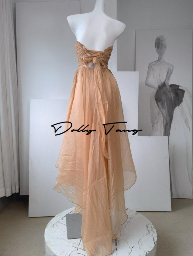 DOLLY High End Apricot Sleeveless Bandeau Slim Fit Pleated Cocktail Dress- Samai