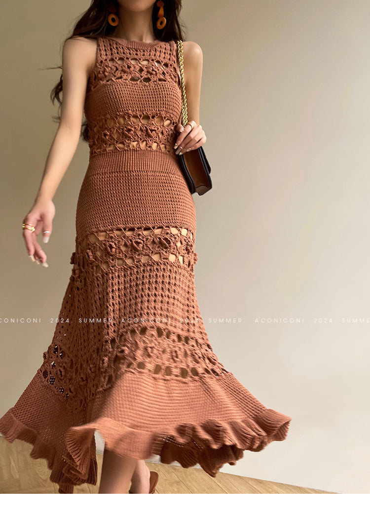 Aconiconi Elegant Brown Sleeveless 100% cotton Crochet Knitted Long midi Dress - Alice Dream