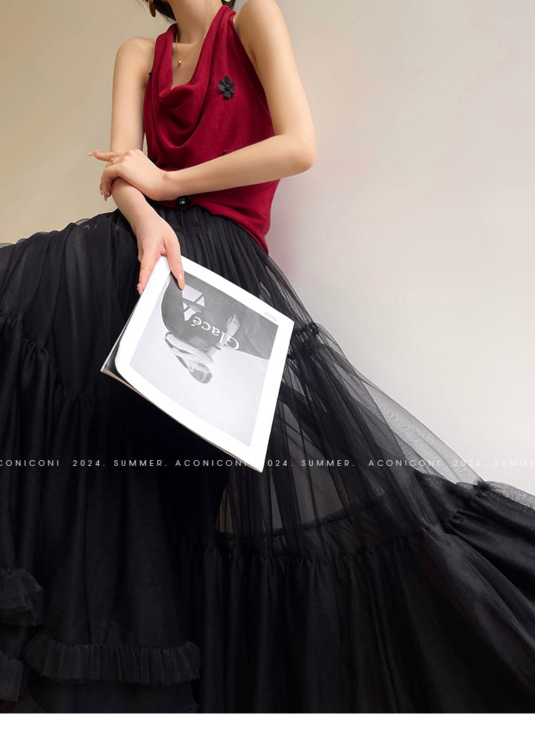 Aconiconi Elegant High Waist Ruffle Mesh Princess Long midi layered Skirt- Quiet Shadow Quicksand