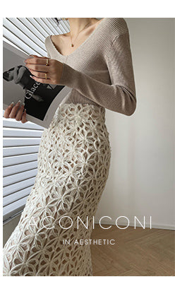 Aconiconi Elegant French Retro Hollow lace High Waist Midi pencil lace Skirt - Tina