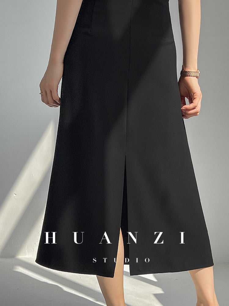 Huanzi French shoulders cinched waist women's summer Midi dress - Kendou