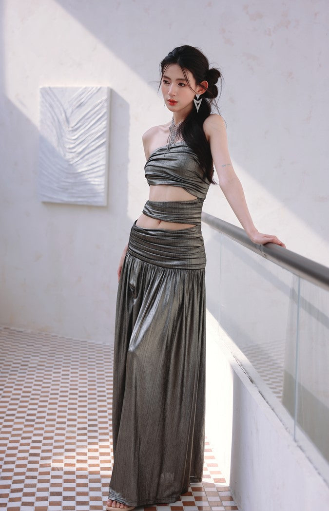 DOLLY Elegant Metallic Gray Skin Revealing Tube Top Long Dinner Dress-NIKITA