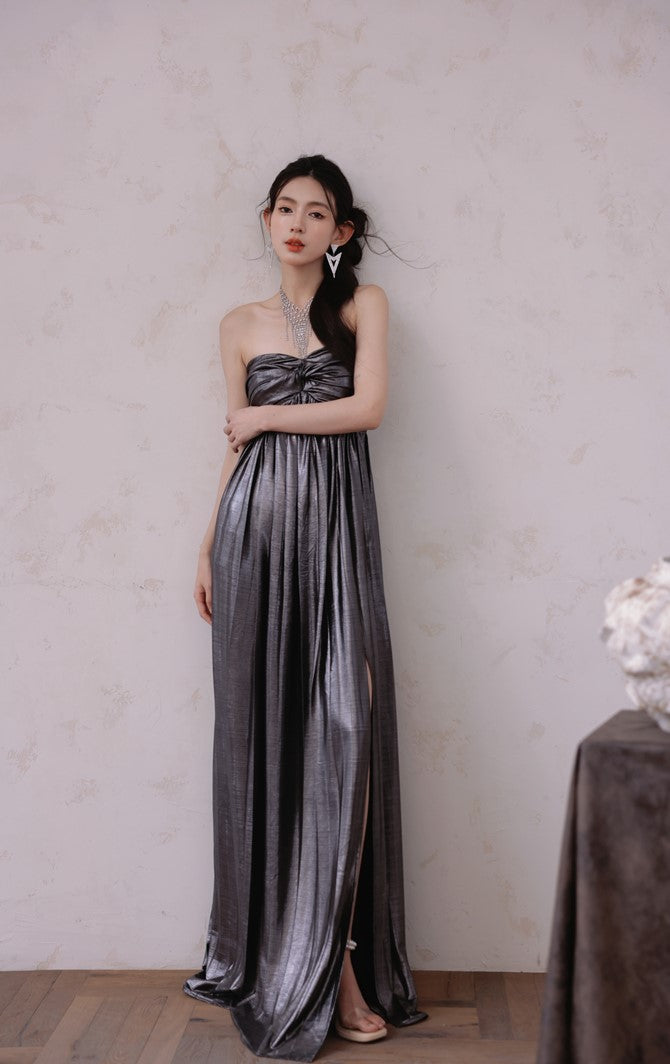 DOLLY Luxury Metallic Ash Pleated Tube Top Long Slit Dress-VIVA