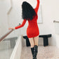 DOLLY Elegant Red Long Sleeve Hooded Slim Fit Hip Hug Short Part Dress-JUDY