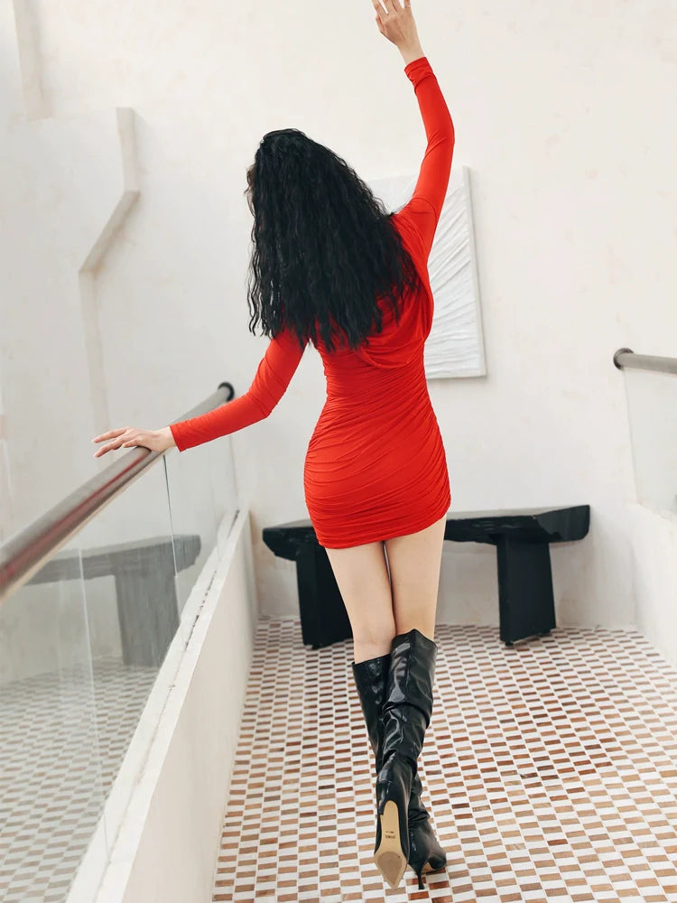 DOLLY Elegant Red Long Sleeve Hooded Slim Fit Hip Hug Short Part Dress-JUDY