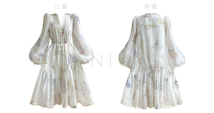 Aconiconi Elegant French Print V-Neck Puff Sleeve vacation Dress- Cloud Forest in the Flowers