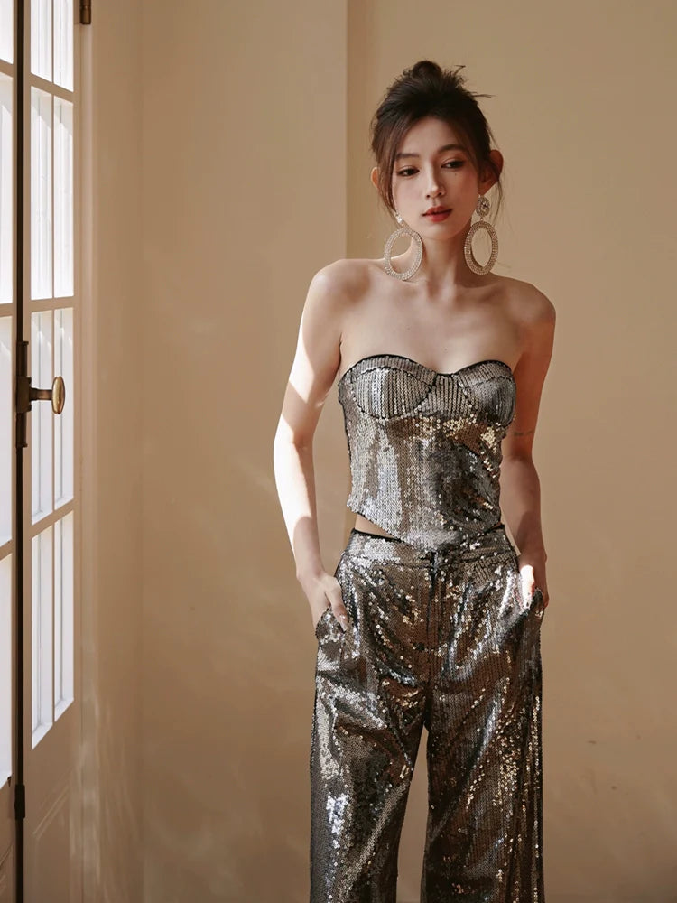 DOLLY Luxury strapless Sequin Top + Long Sequin High Waist Flare Pants suit setpantpa-THEA