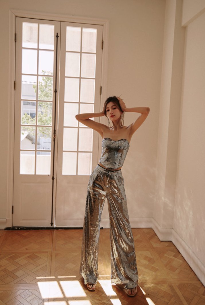 DOLLY Luxury strapless Sequin Top + Long Sequin High Waist Flare Pants suit setpantpa-THEA