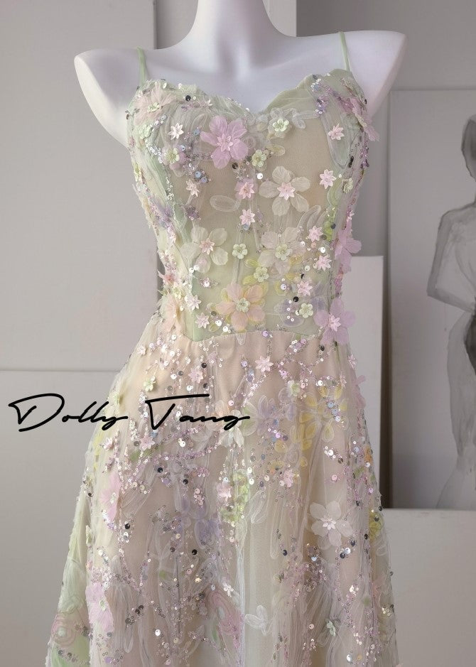 DOLLY Elegant Sleeveless Flower Embroidered Sequin Suspender Party Dress-Kosi