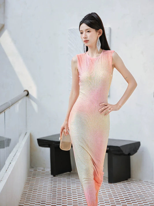 DOLLY High End Crew Neck Sleeveless Pink Gradient Dress-KILA