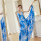 DOLLY Elegant Blue Sleeveless Printed Halter Neck Chiffon Long Resort Dress-HARRIET