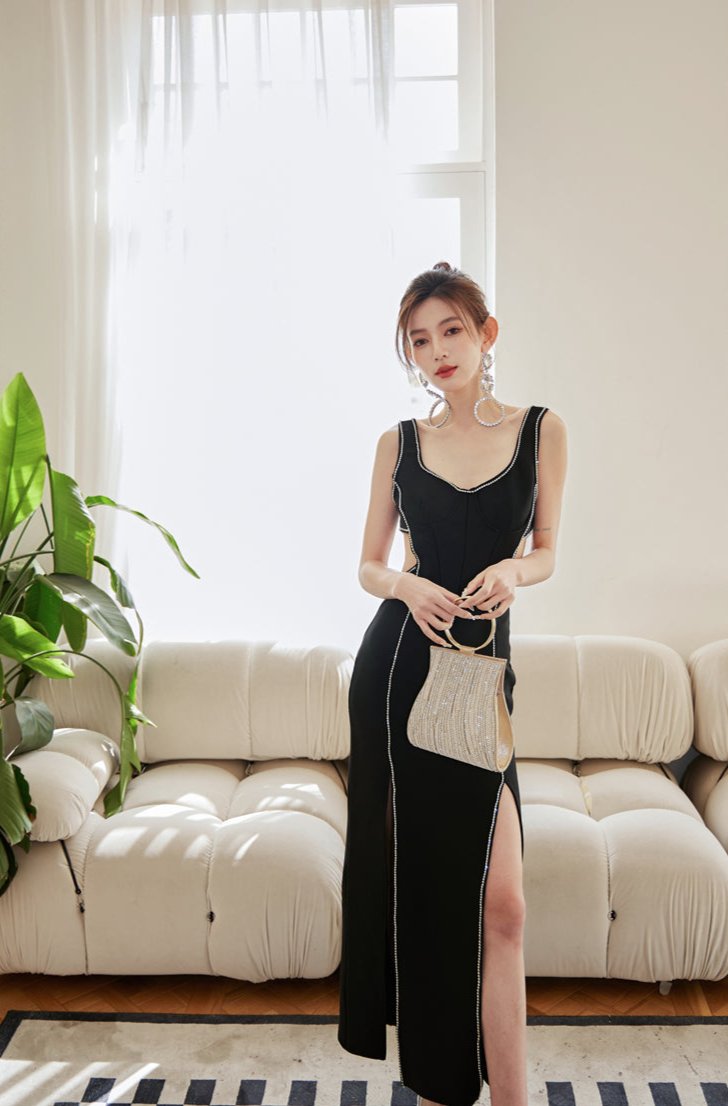 DOLLY Elegant Black V-Neck Sleeveless Waist Baring High Slit Long Cocktail Dress-IMELDA