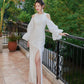 DOLLY Elegant White Retro Style Crew Neck Bubble Sleeves Long Slit Dress-RAIN