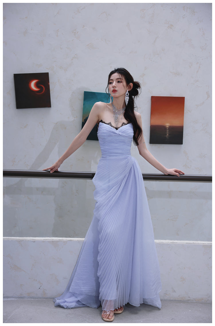 DOLLY Elegant Light Purple Greek Style Sleeveless Bandage Pleated Long Dress-Fog