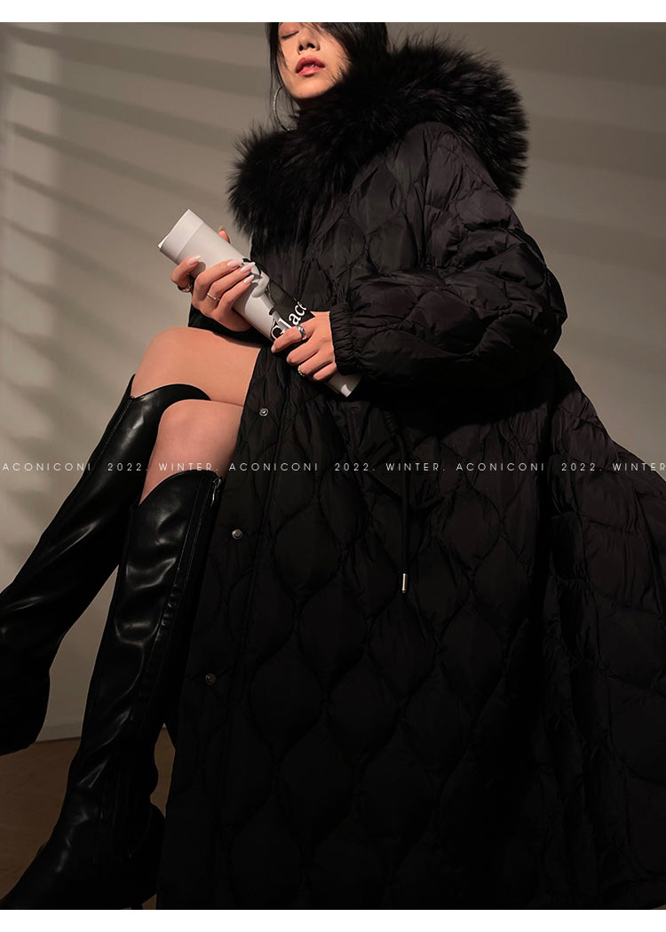 Aconiconi Elegant Duck Down Long Sleeve Hooded Long Fur Winter Coat -  He Xu Ling Hua