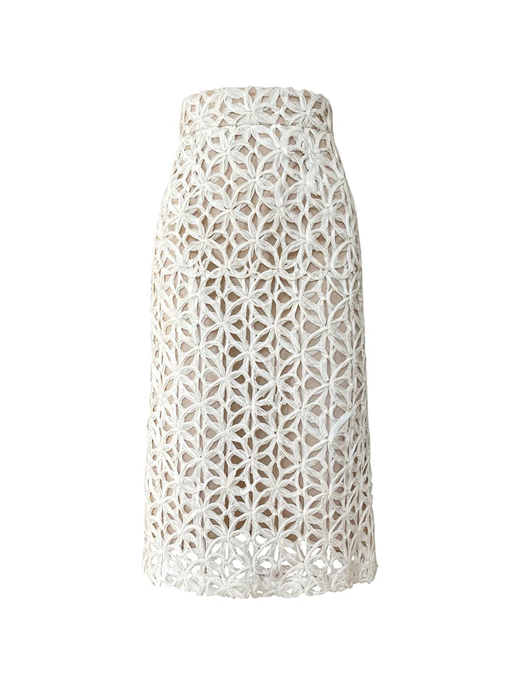 Aconiconi Elegant French Retro Hollow lace High Waist Midi pencil lace Skirt - Tina