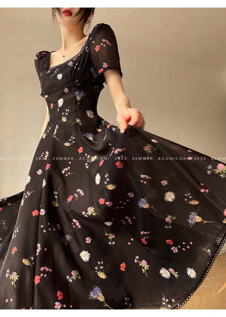 Aconiconi Elegant Black Floal Print Dinner Dress- Huajian Secret Realm