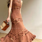 Aconiconi Elegant Brown Sleeveless 100% cotton Crochet Knitted Long midi Dress - Alice Dream