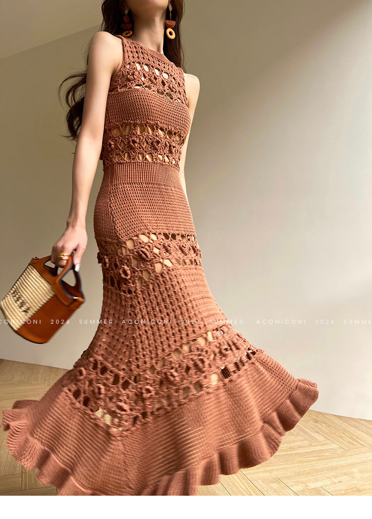 Aconiconi Elegant Brown Sleeveless 100% cotton Crochet Knitted Long midi Dress - Alice Dream