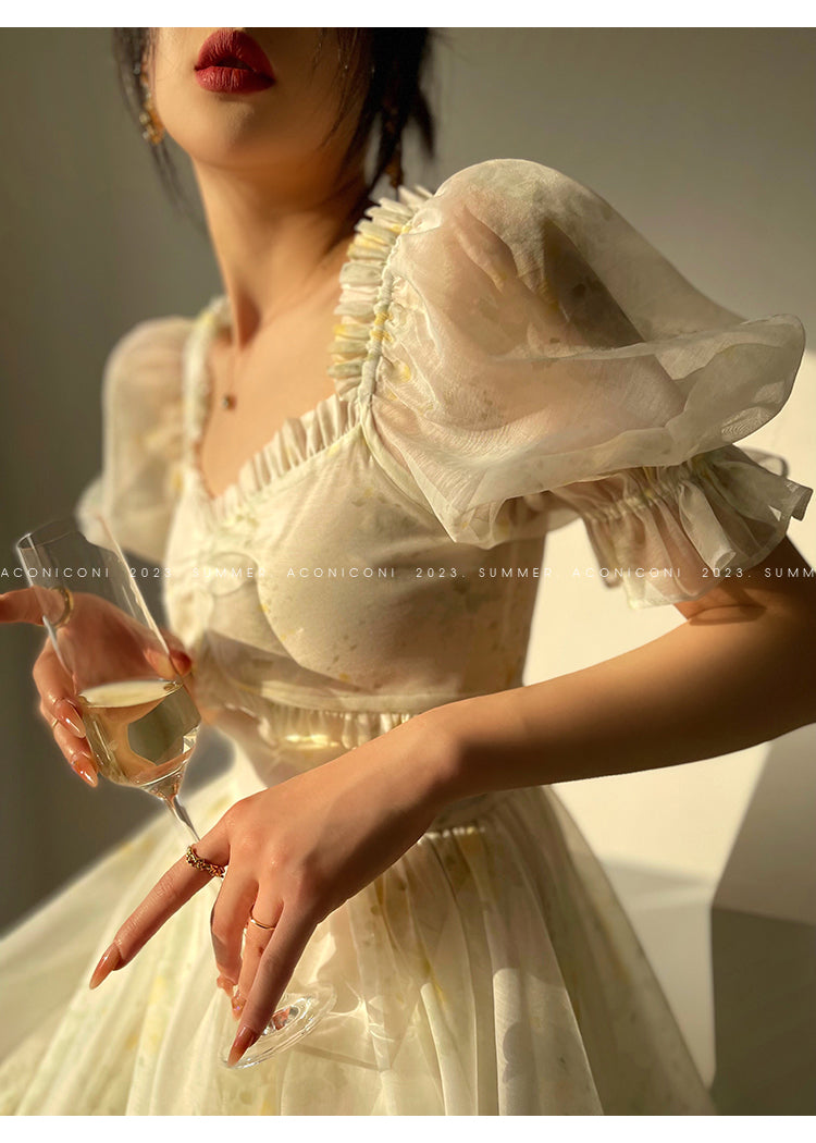 Aconiconi Luxury Off White floral print Puff Sleeve French cottaage bridal Dress- Yurui Chuning