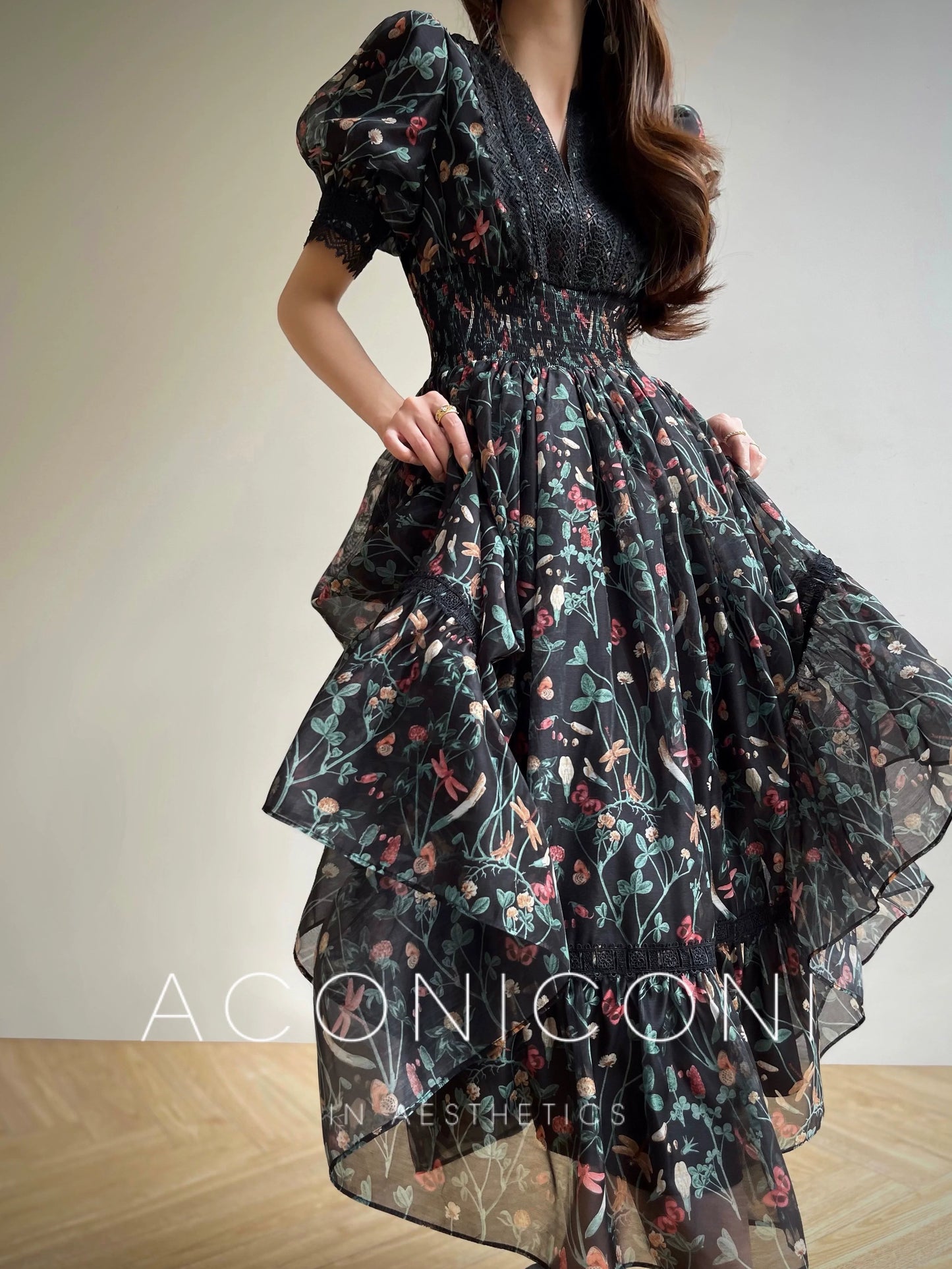 Aconiconi Elegant French Print Retro V-Neck Lace Tea Dress- Night Rose